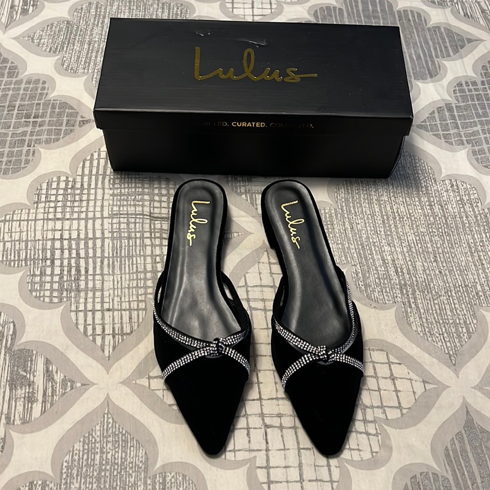 Lulu's Black Mules with Rhinestone Detail
